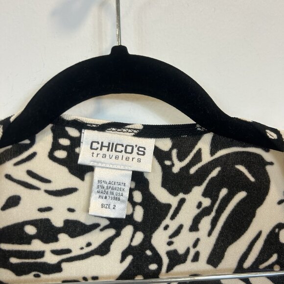Chico's Travelers Size 2 Large tie Front Slinky Cardigan Top Black white Stretch - Picture 4 of 8
